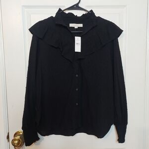Loft Black Swiss Dot Ruffle Trim Long Balloon Sleeve Blouse Regencycore Size S